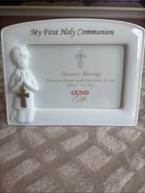 GUND White Porcelain First Holy Communion Frame with Gold Cross Accent